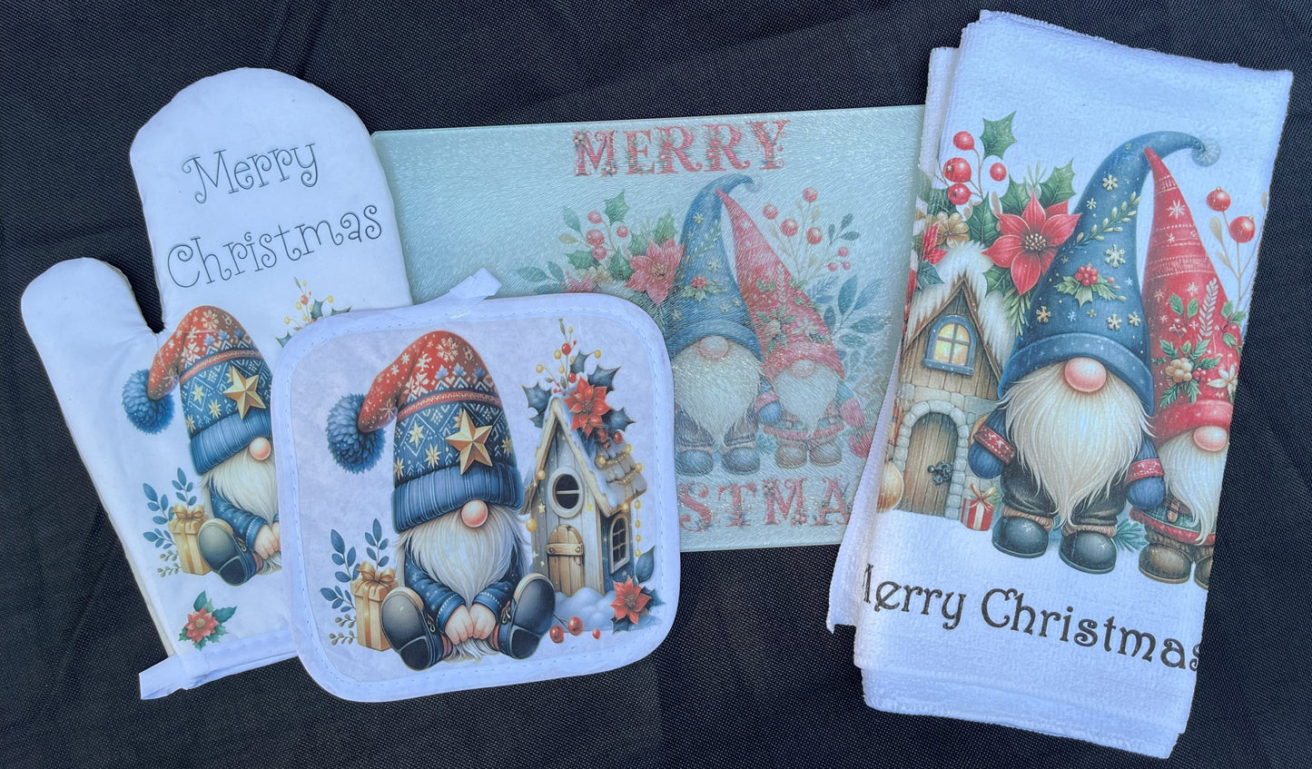 Christmas Gnomes Kitchen Trio – Towels, Oven Set & Small Cutting Board
