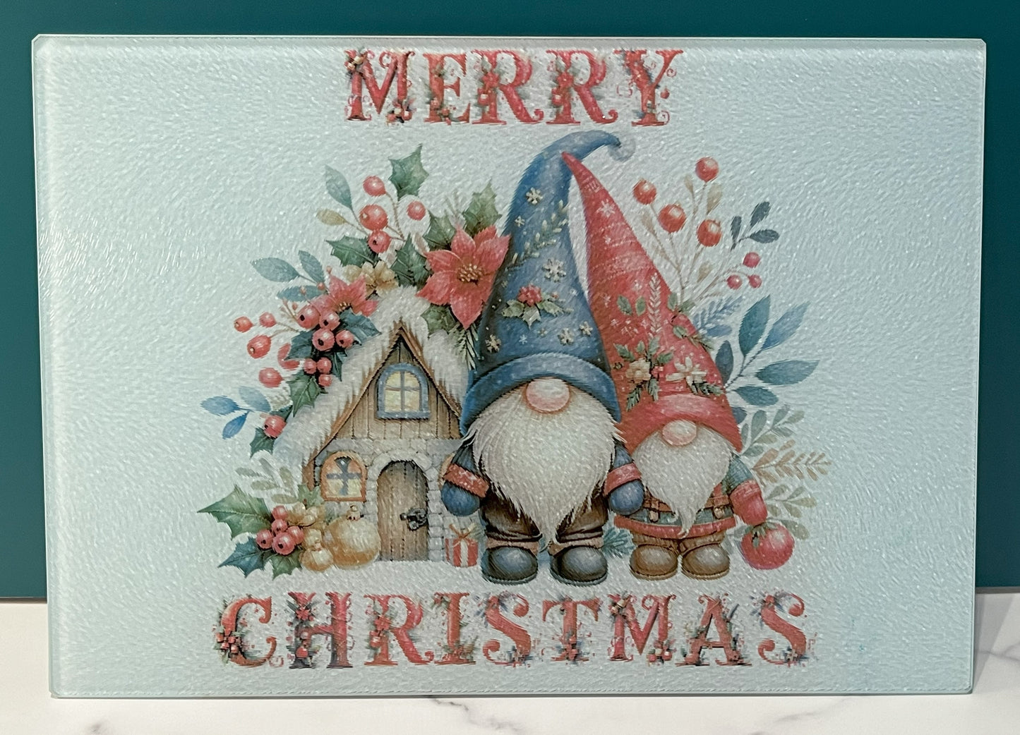 Christmas Gnomes Small Glass Cutting Board