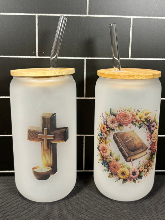 Bible and Cross Frosted Glass Cups - Set of 2