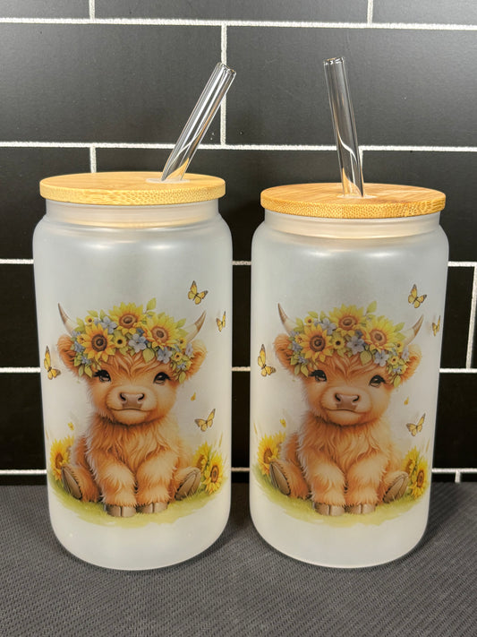 Highland Cow Frosted Glass Cups - Set of 2