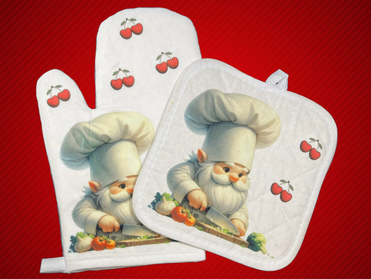 Chef Gnome with Cherries Oven Mitt  Set