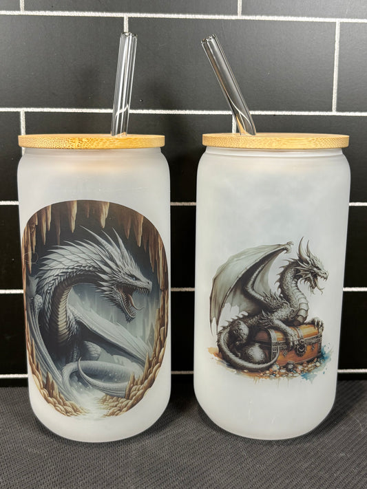 Silver Dragon Frosted Glass Cups - Set of 2